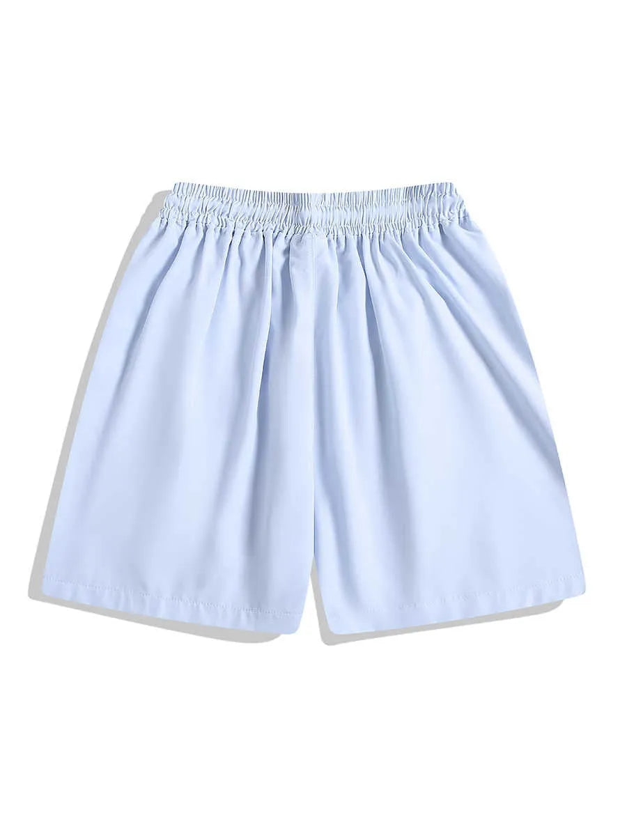 Quick-drying black and grey sports shorts with elastic waistband and straight-leg fit