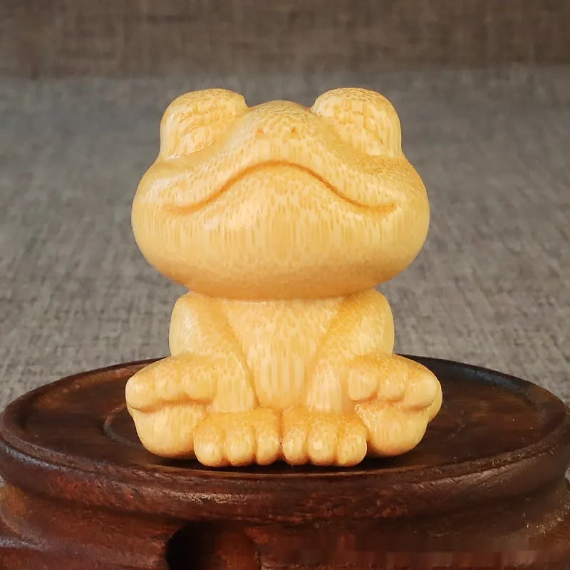 Solid bamboo smiling frog carving ornament 5cm height cartoon decoration
