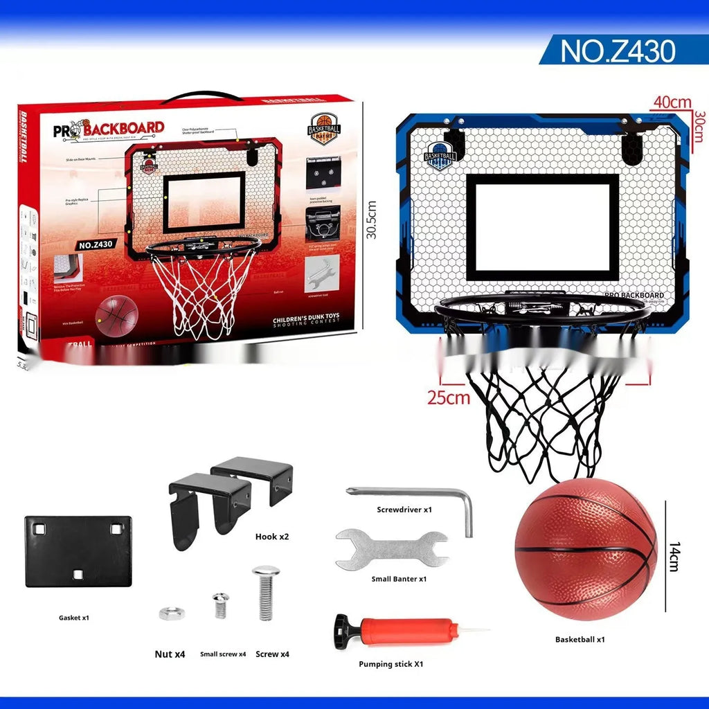 Red and blue folding basketball frame with scoring panels, suction cups, and iron hook