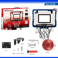 Red and blue folding basketball frame with scoring panels, suction cups, and iron hook