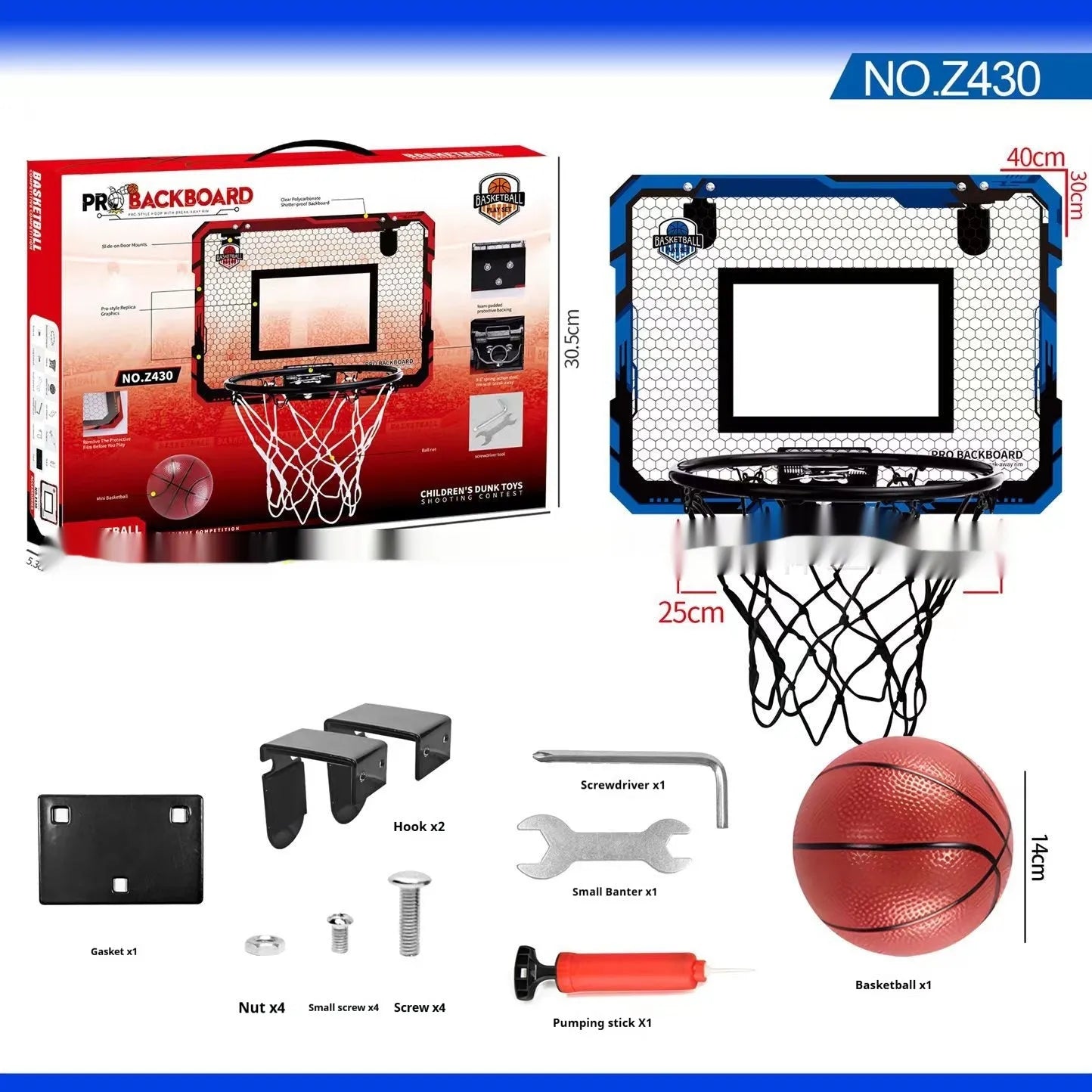 Red and blue folding basketball frame with scoring panels, suction cups, and iron hook