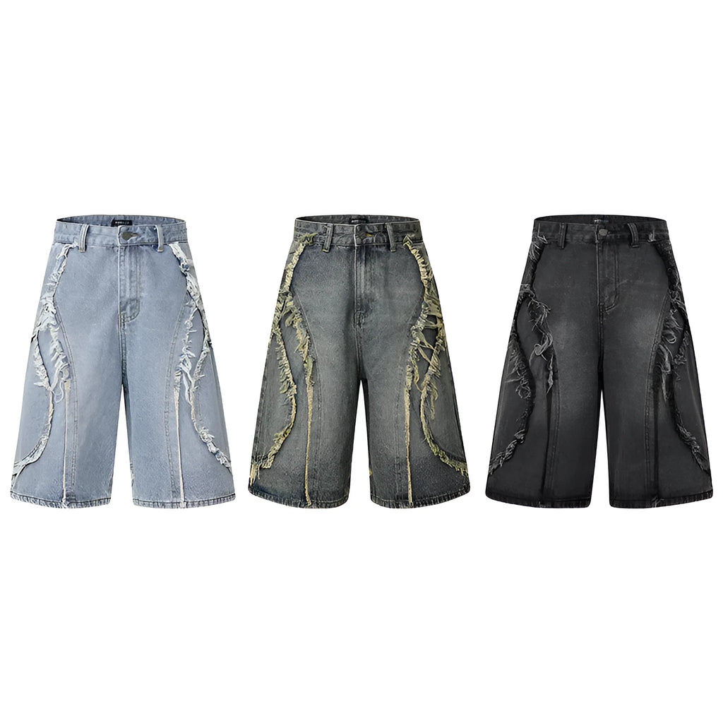 Distressed raw edge denim shorts in light blue, shown on a model.