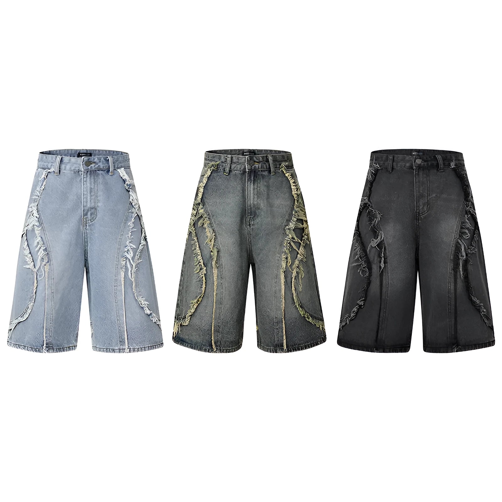 Distressed raw edge denim shorts in light blue, shown on a model.