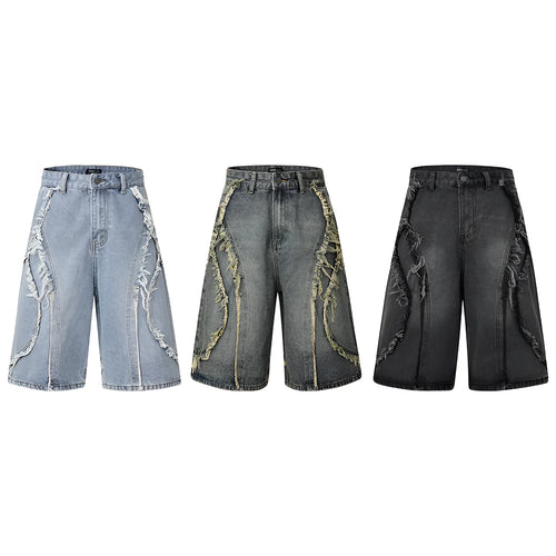 Distressed raw edge denim shorts in light blue, shown on a model.