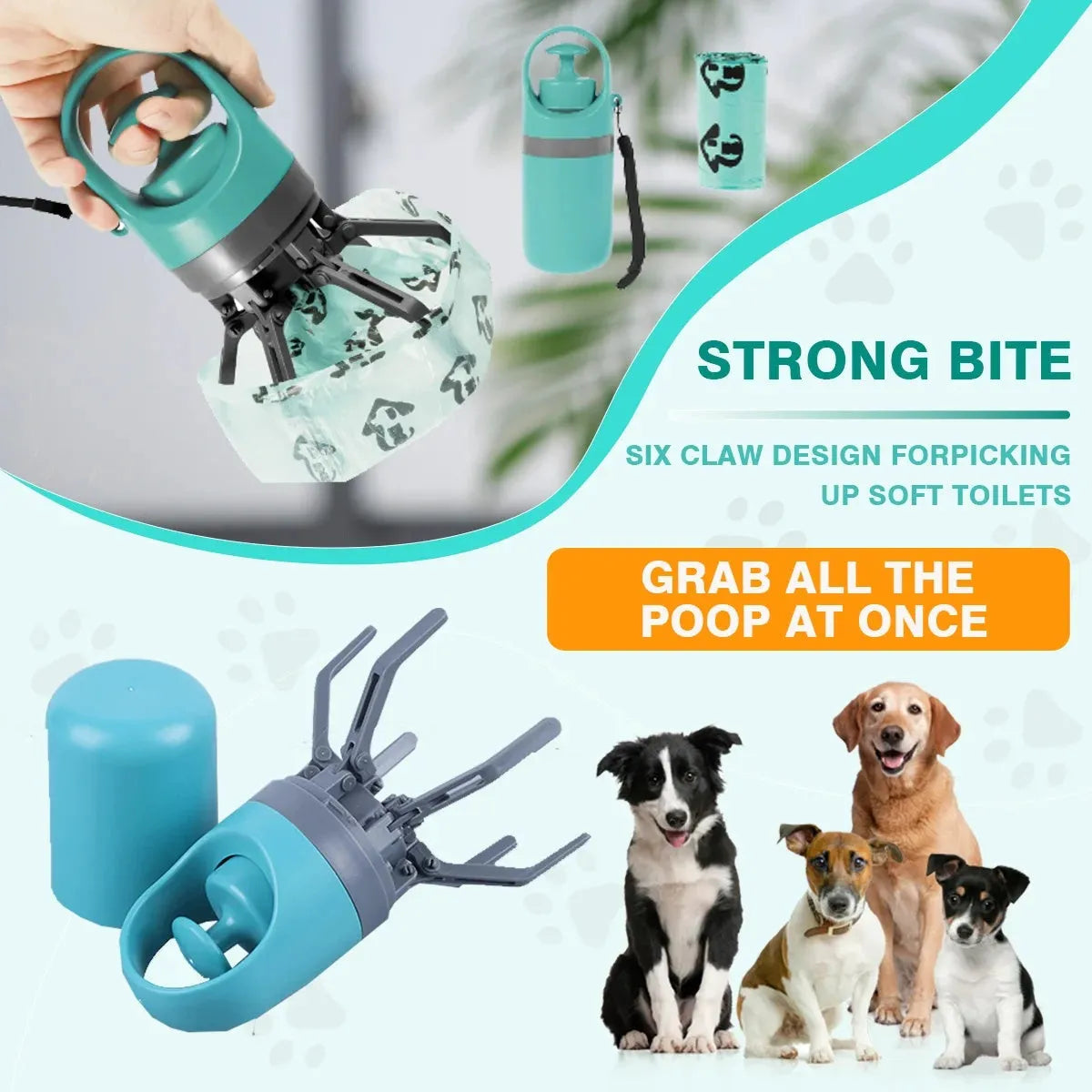 Blue and orange ABS plastic pet pooper scooper with claw design and bag dispenser