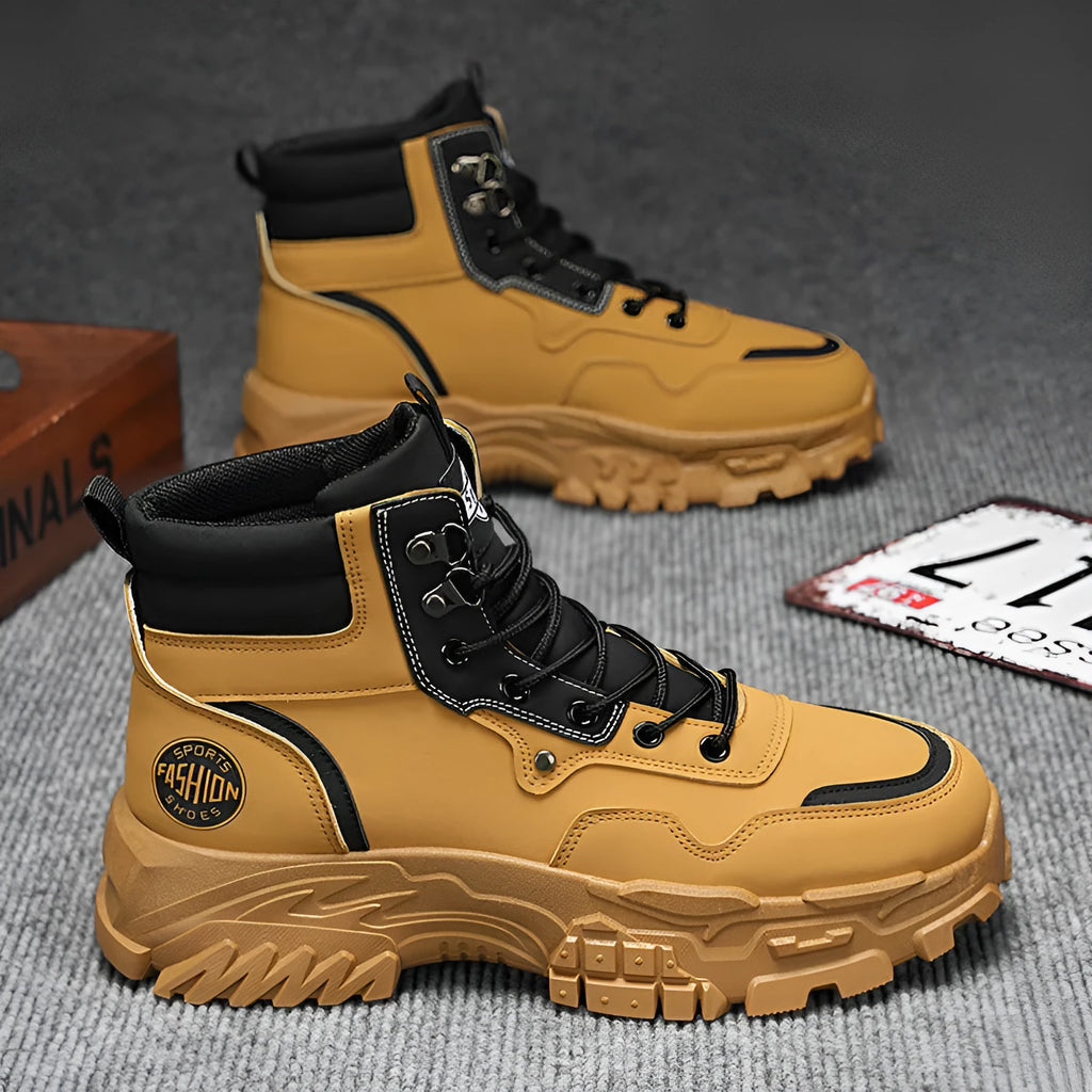 Men's black and yellow Martin boots with a mid-heel and high-top design.