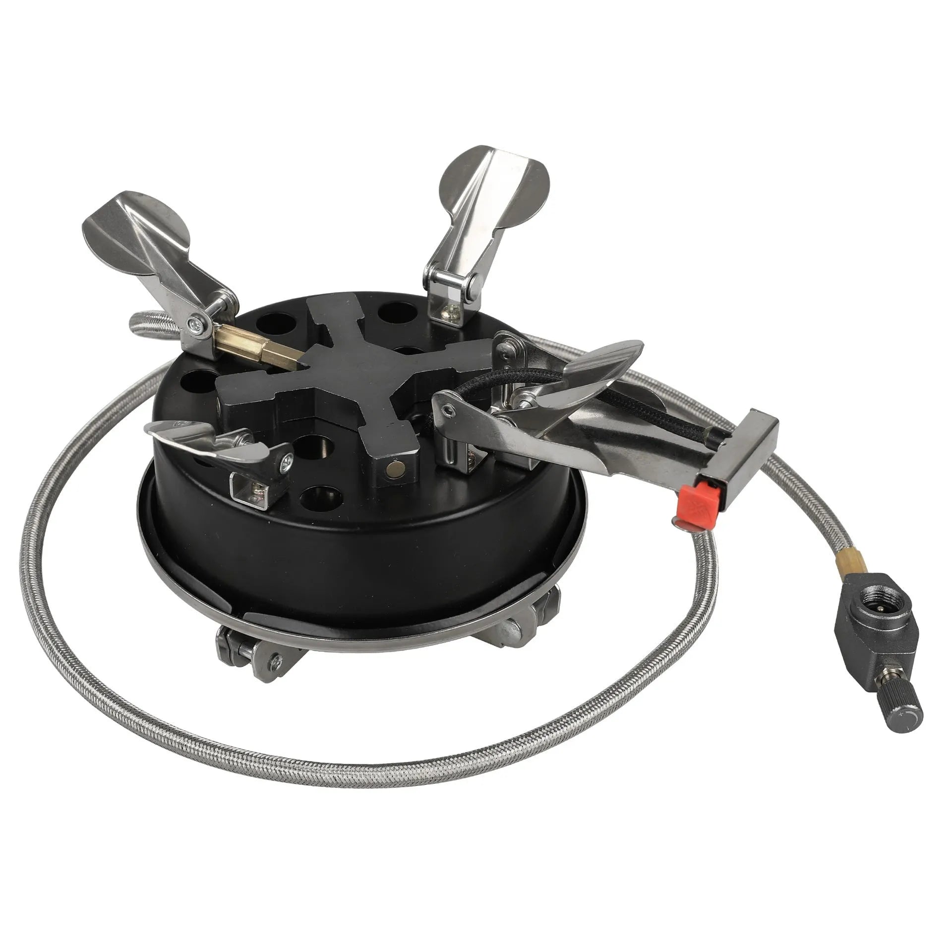 Silver portable split camping stove with hose, dimensions 155mm by 125mm.
