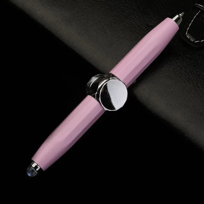 Metal ballpoint pen with integrated fingertip spinner and LED lights, shown in hand