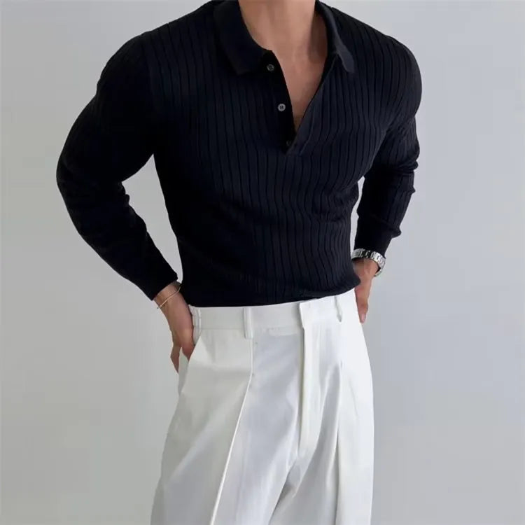 Men's slim-fit lapel button long sleeve polo shirt in black knitted polyester fabric