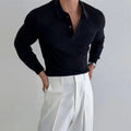 Men's slim-fit lapel button long sleeve polo shirt in black knitted polyester fabric