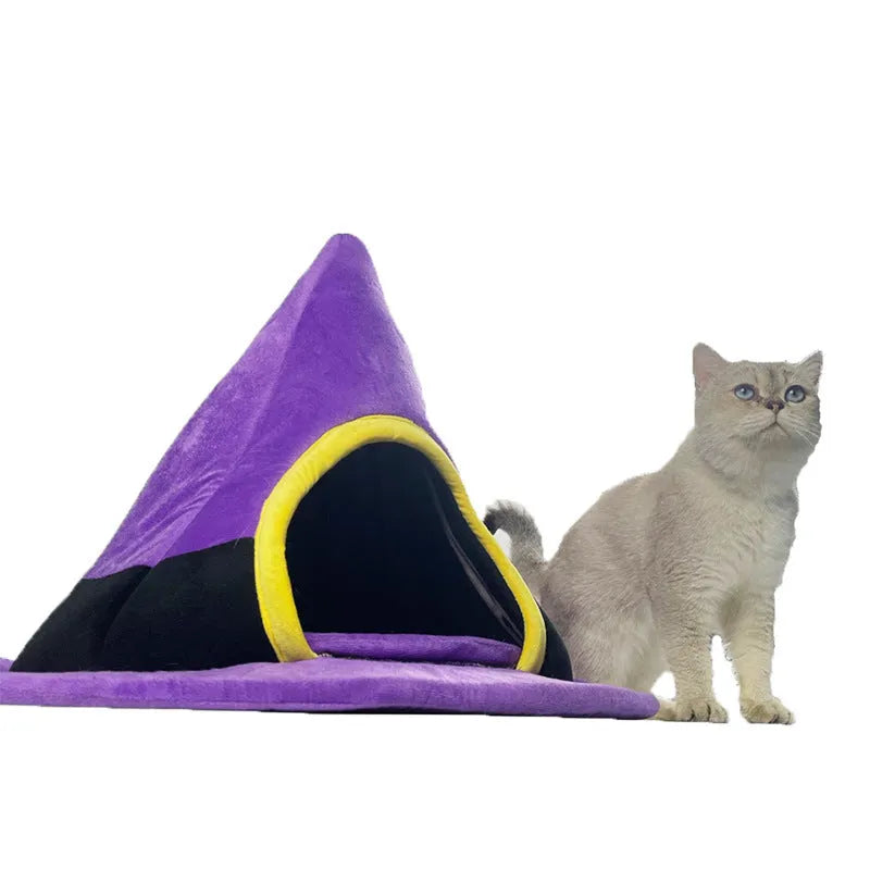 Purple Halloween witch hat shaped cat bed for pets measuring 60cm by 45cm