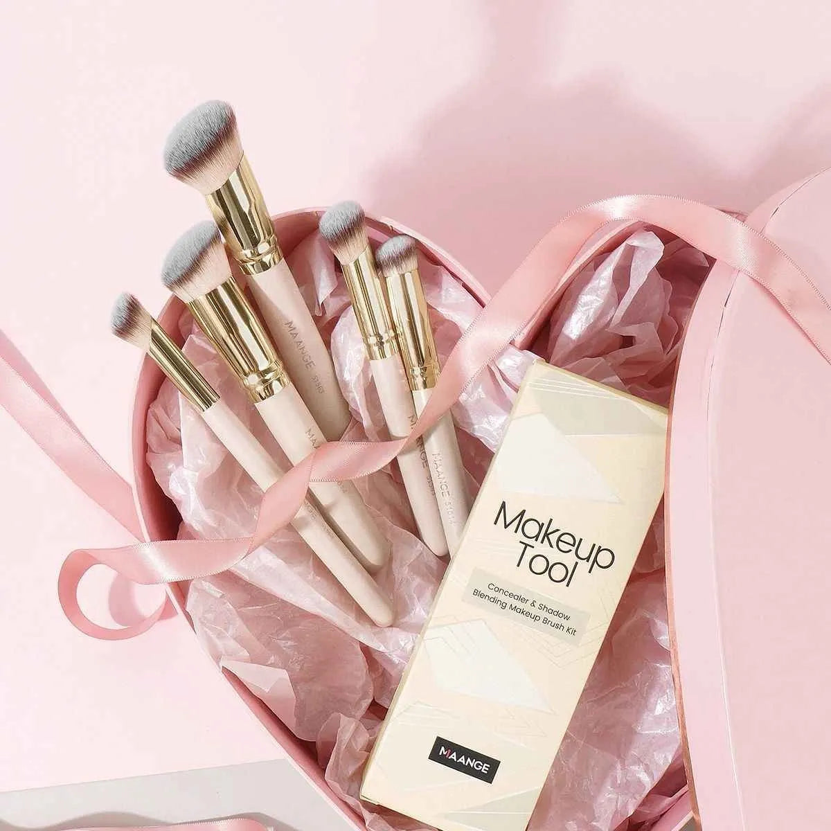 MAANGE angled blush makeup brush set in apricot colour with synthetic hair bristles