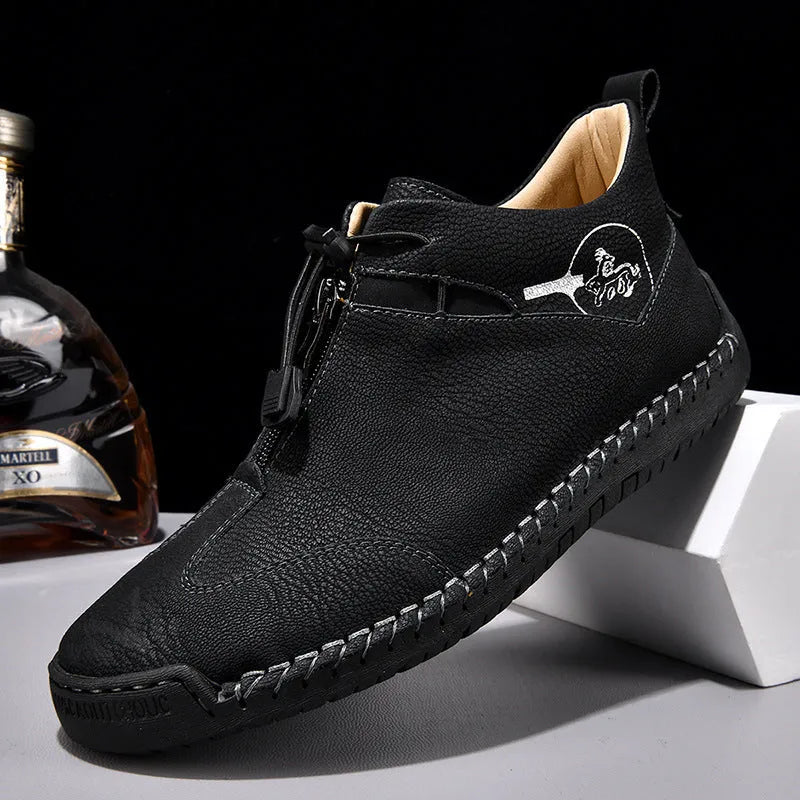 Men's casual leather shoe in green with a tall crown, round toe, mid heel, and rubber sole.