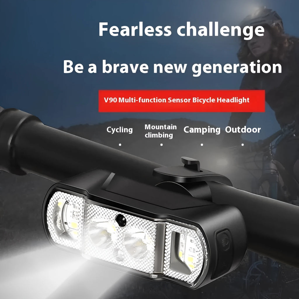 Black rechargeable bicycle headlight with 350 lumen LED output and ABS plastic housing