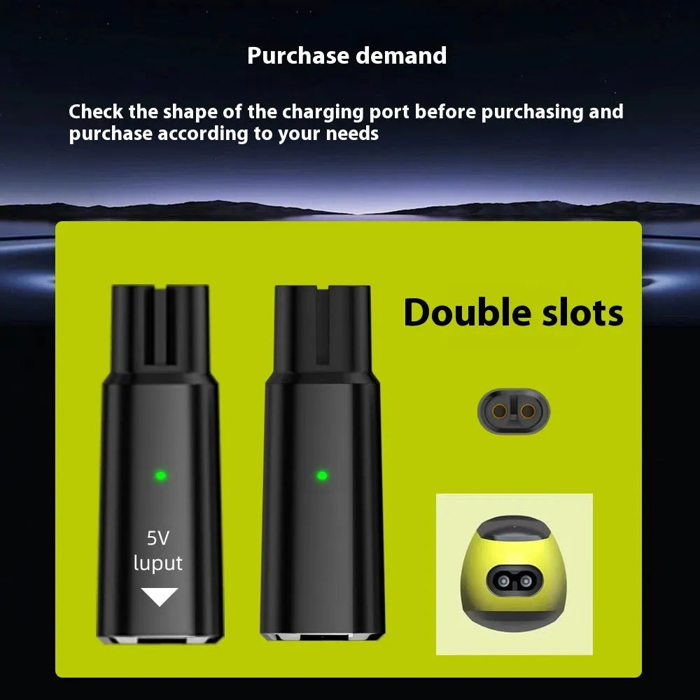 Black aluminium alloy USB-C to DC charging adapter for electric shavers with 4.3V output.