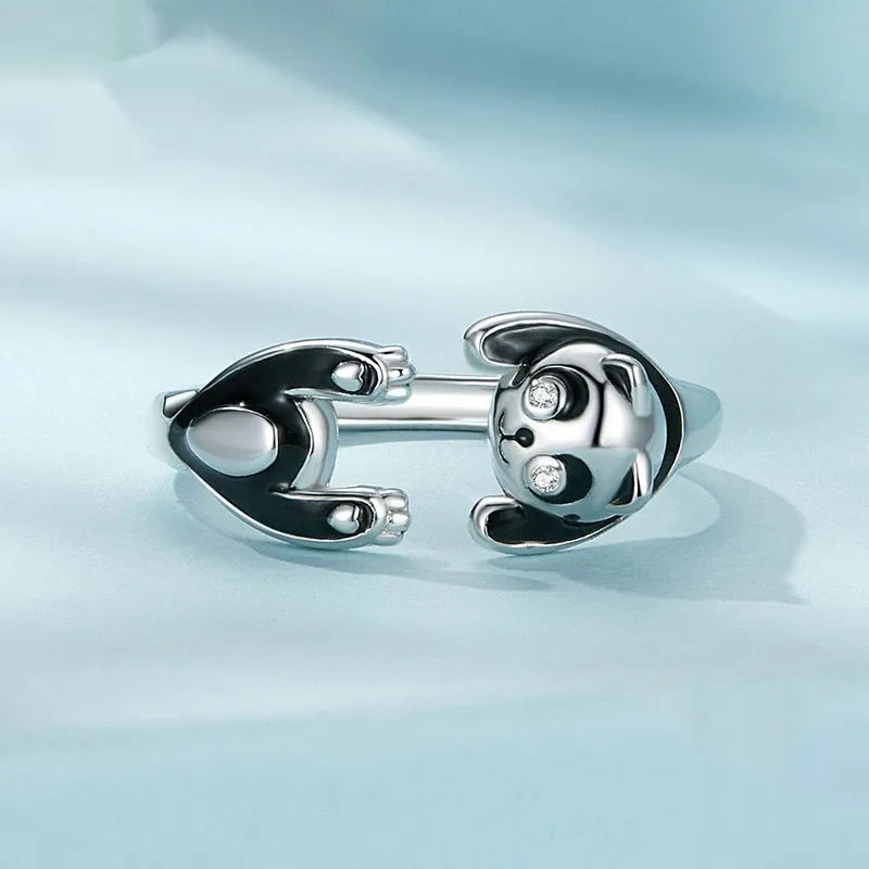 Adjustable sterling silver panda open ring bracelet with white gold plating.