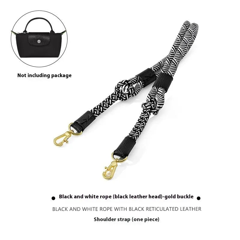 Braided nylon and cowhide leather crossbody shoulder strap with gold alloy buckle on a grey background.