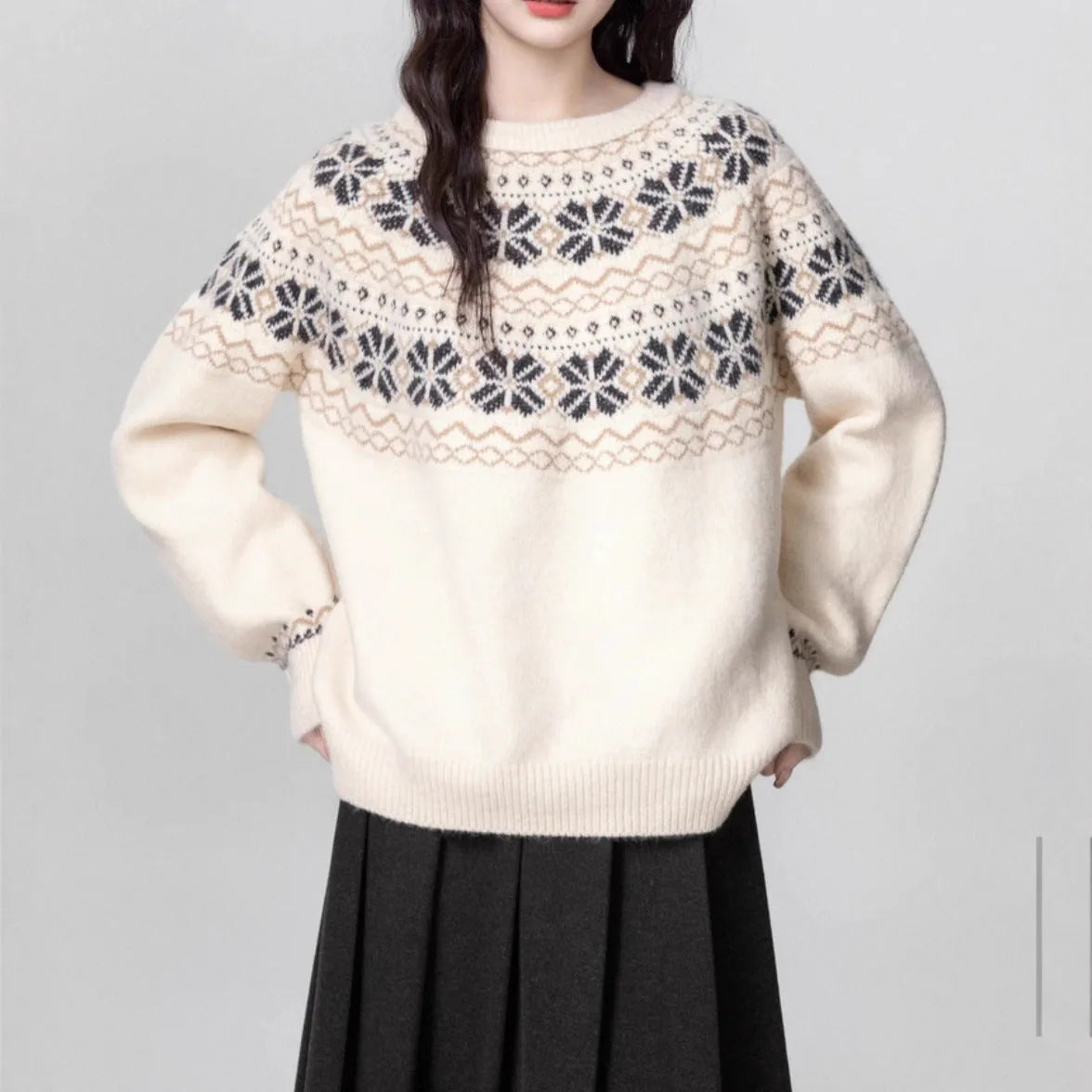 Women's milky white fair isle pullover sweater with geometric patterns and crew neck