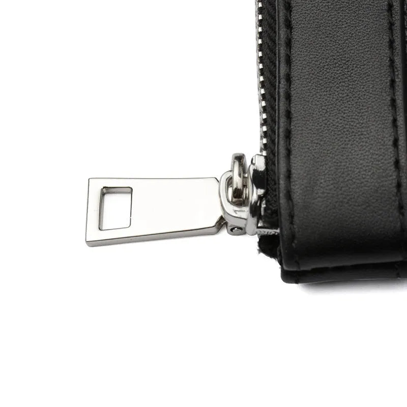 Black men's cowhide leather clutch wallet showing front view with dimensions 20x10 cm.