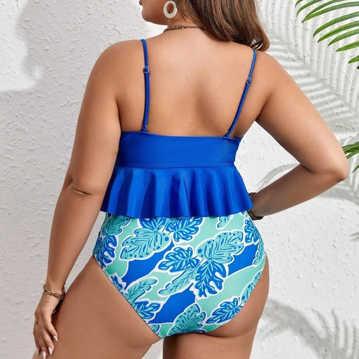 Blue plus size bikini swimwear set with separate top and briefs shorts in European and American sizing