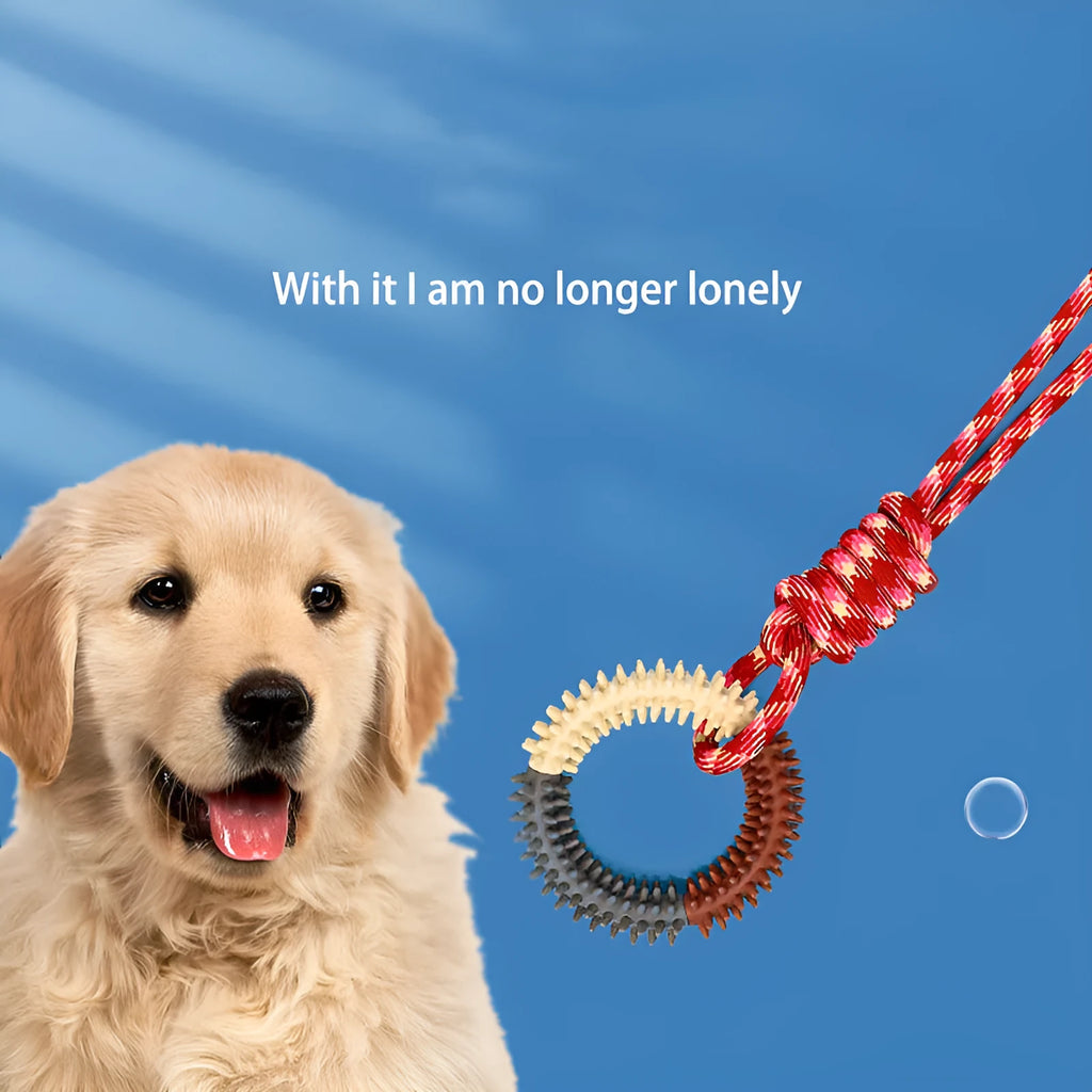 Blue, red, and rose red braided rope dog chew toy with knot design measuring 43cm long