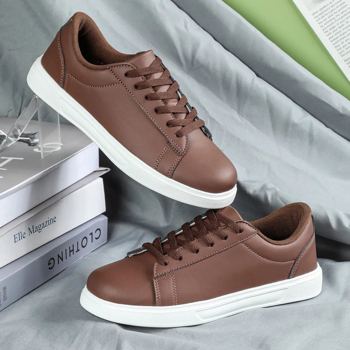 Platform skateboard sneakers in beige brown with cross strap and rubber sole