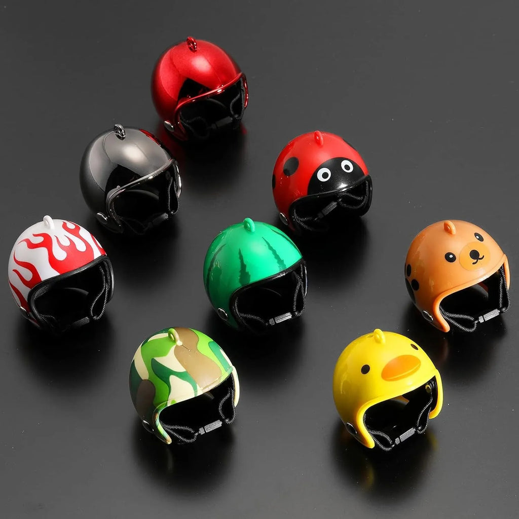 Small hard plastic helmet with elastic straps and sponge lining for a chicken or pet bird.