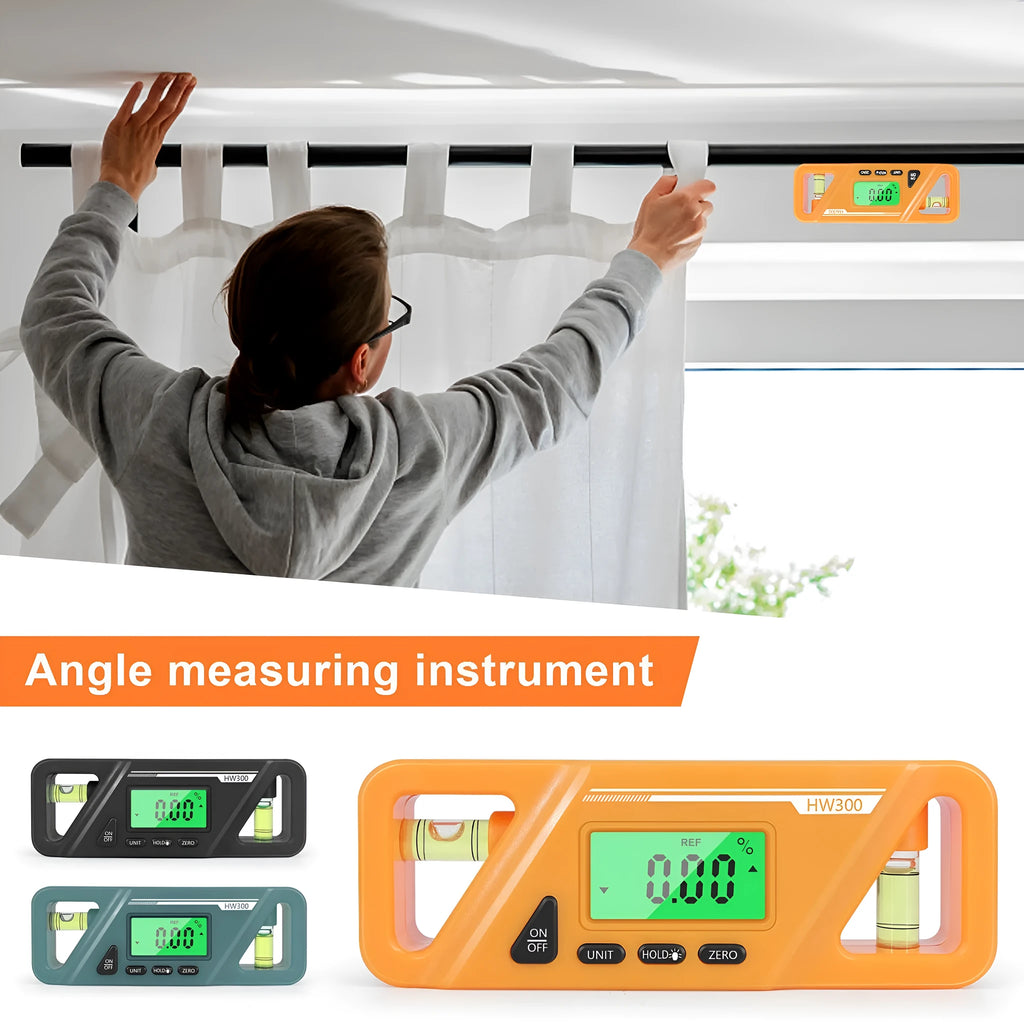 Digital magnetic inclinometer level gauge showing angle readout on display, placed on a metal surface.