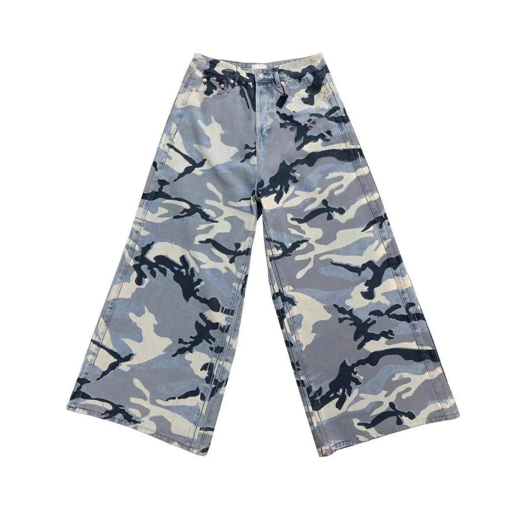 Snow camouflage blue loose-fit jeans showing mid-waist design and micro-elastic cotton denim fabric