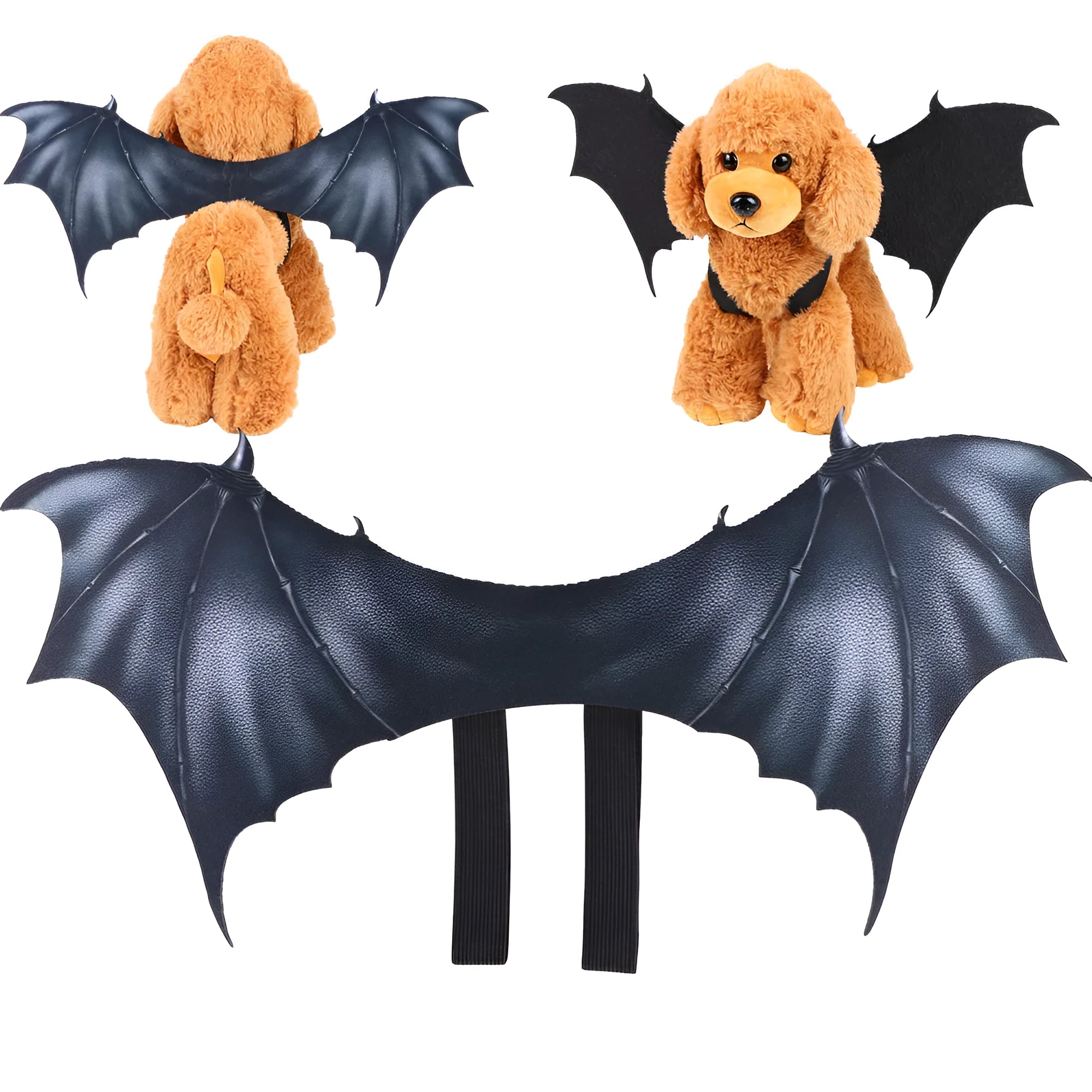 Black cloth bat wing Halloween costume for pets shown in three sizes