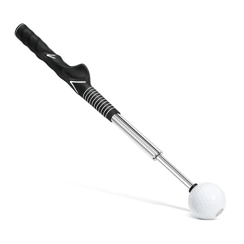 Stainless steel telescopic golf swing simulator trainer on a plain background