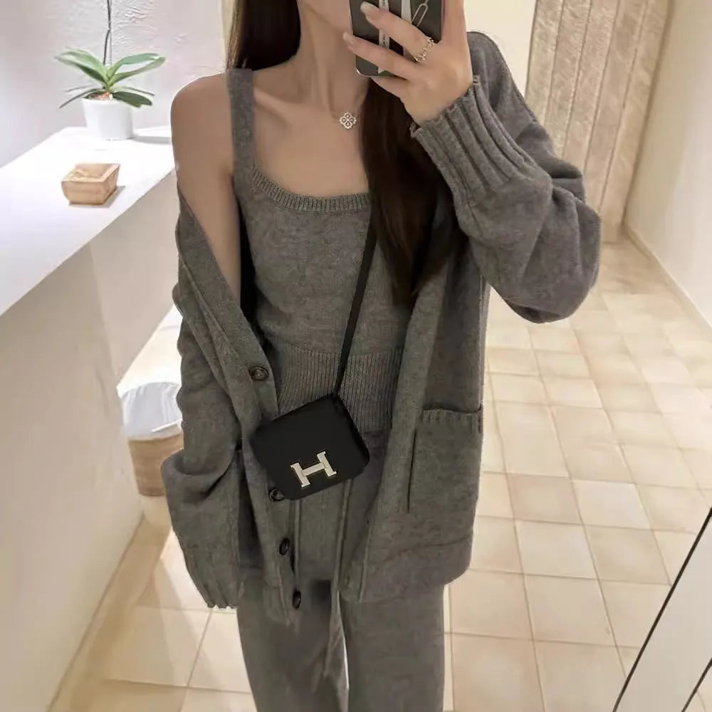 Women's knit cardigan suspender pants three-piece set in thick wool blend fabric