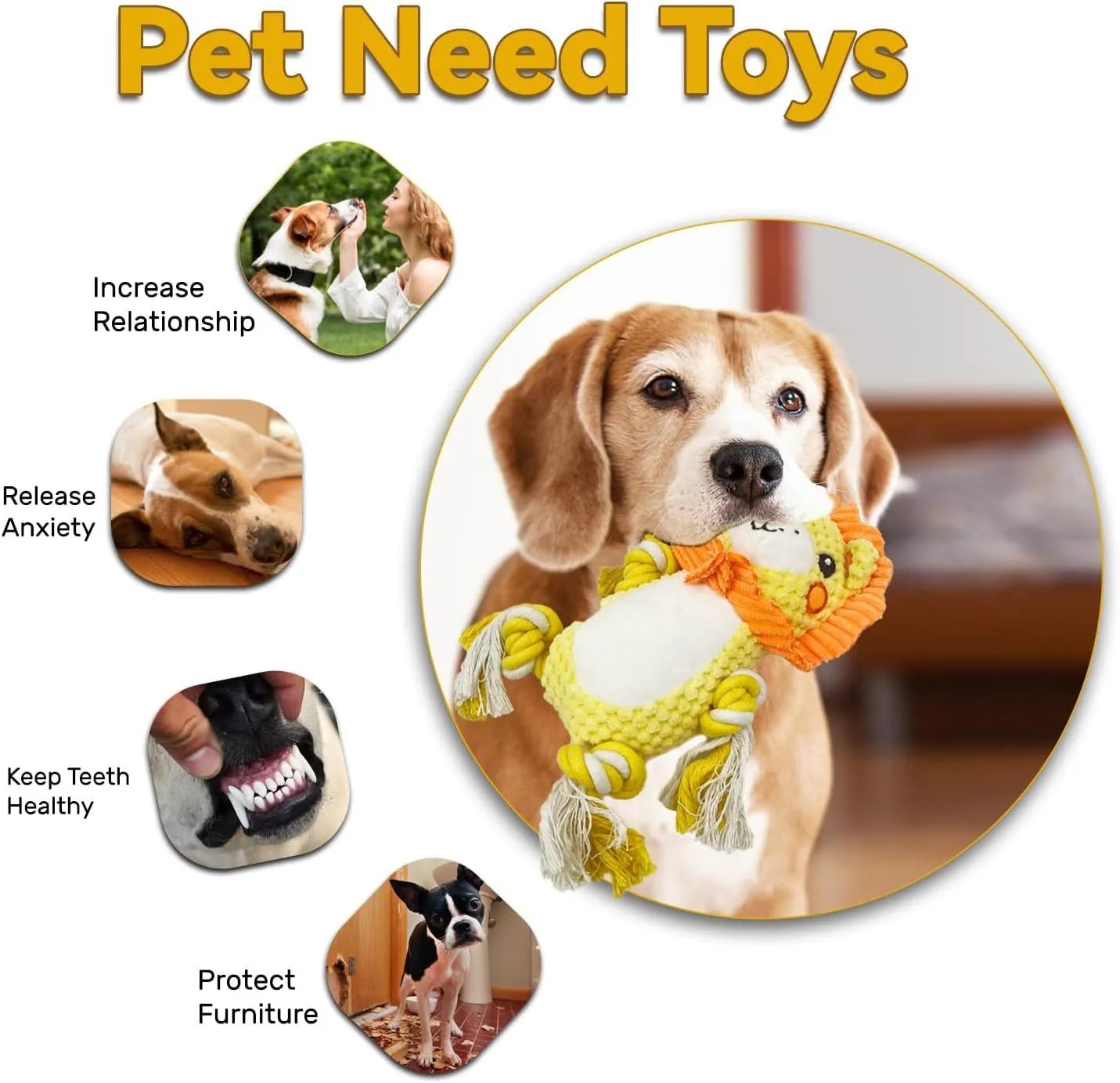 Lion and monkey plush squeaky dog toys side by side, showcasing two different designs in the bundle.