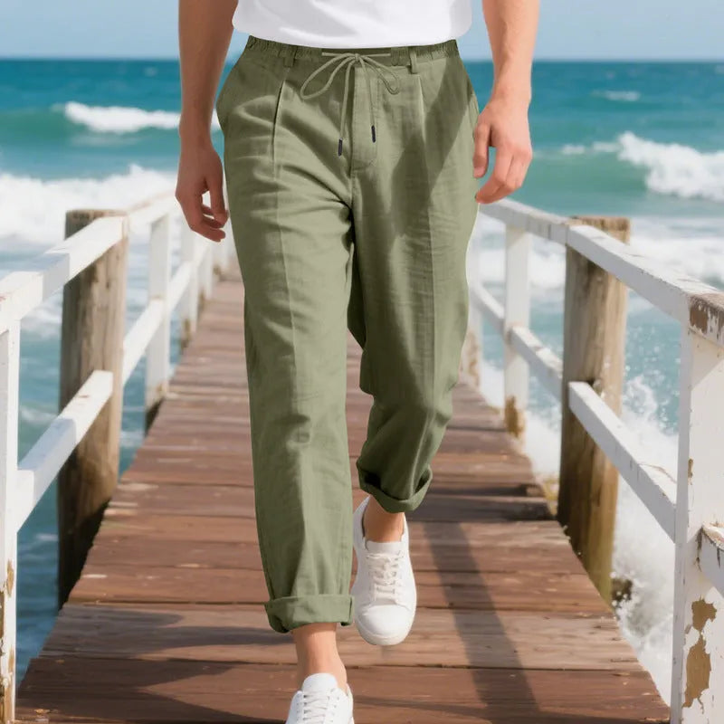 Men's linen casual trousers in straight leg style with drawstring waist in light khaki colour