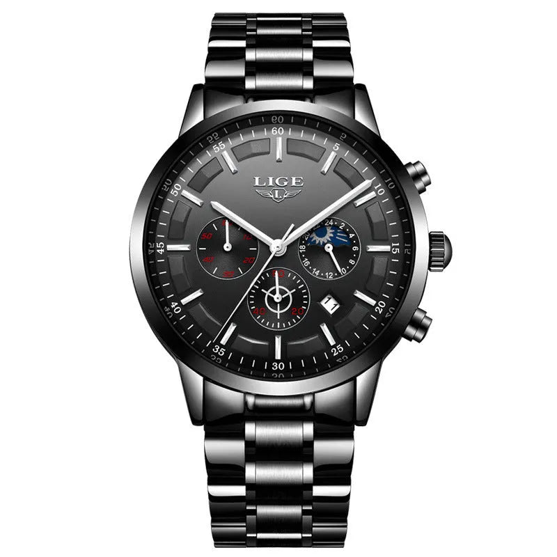 Men's waterproof quartz business sports watch showing four colour options with 12mm thickness