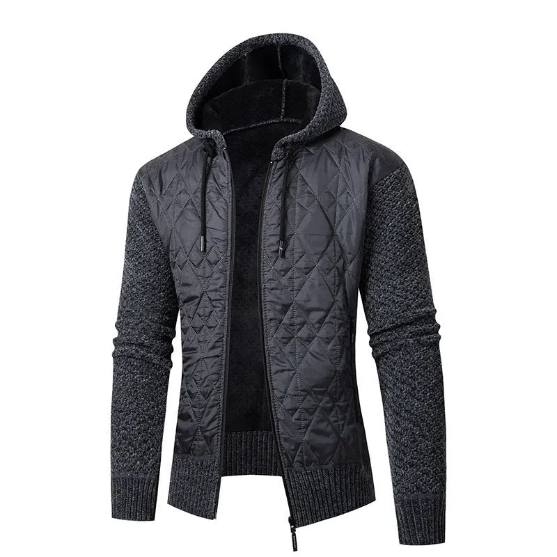 Men's grey hooded corduroy sweater coat with cardigan style and cinched waist