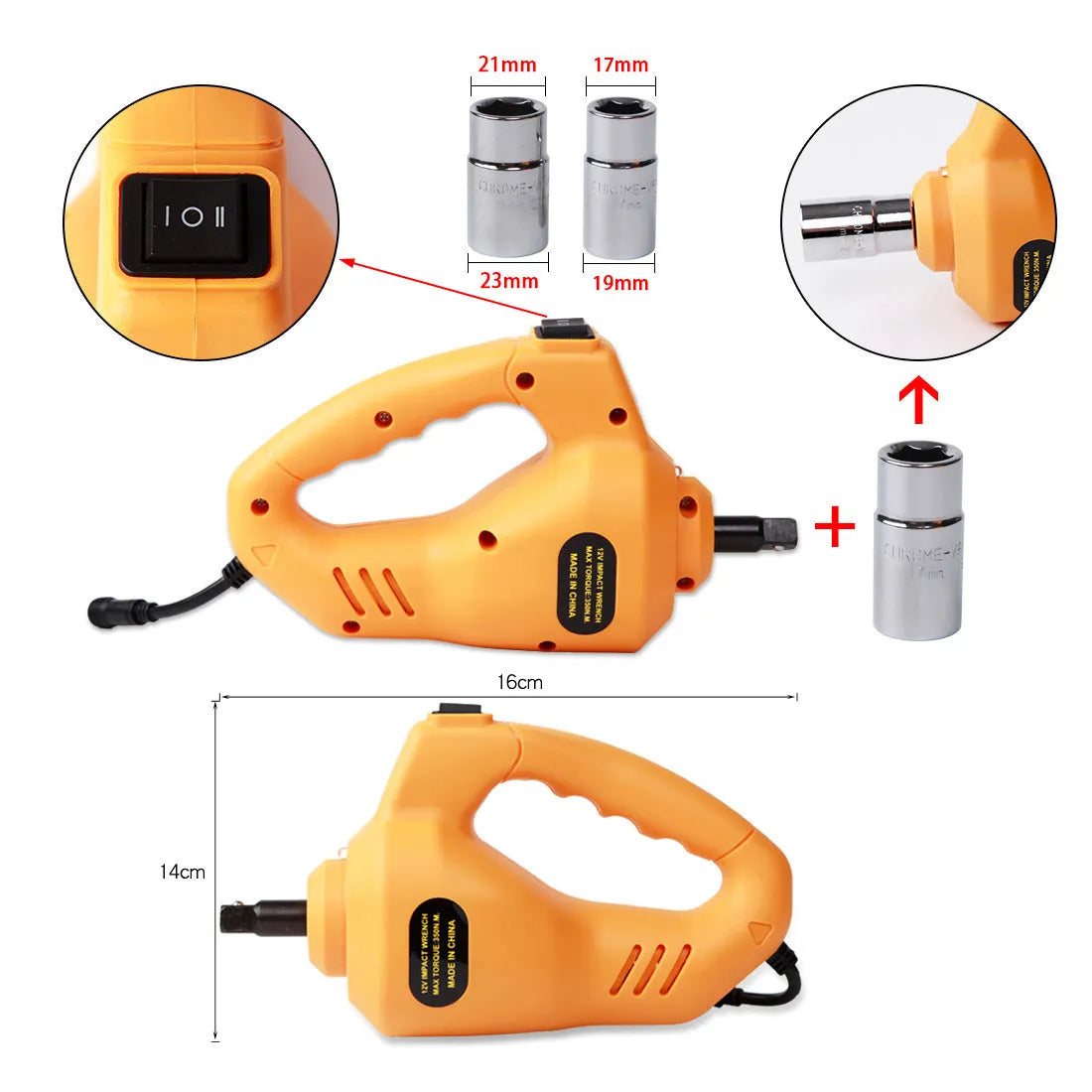 Yellow electric car jack set with 12V power cable and matching electric wrench