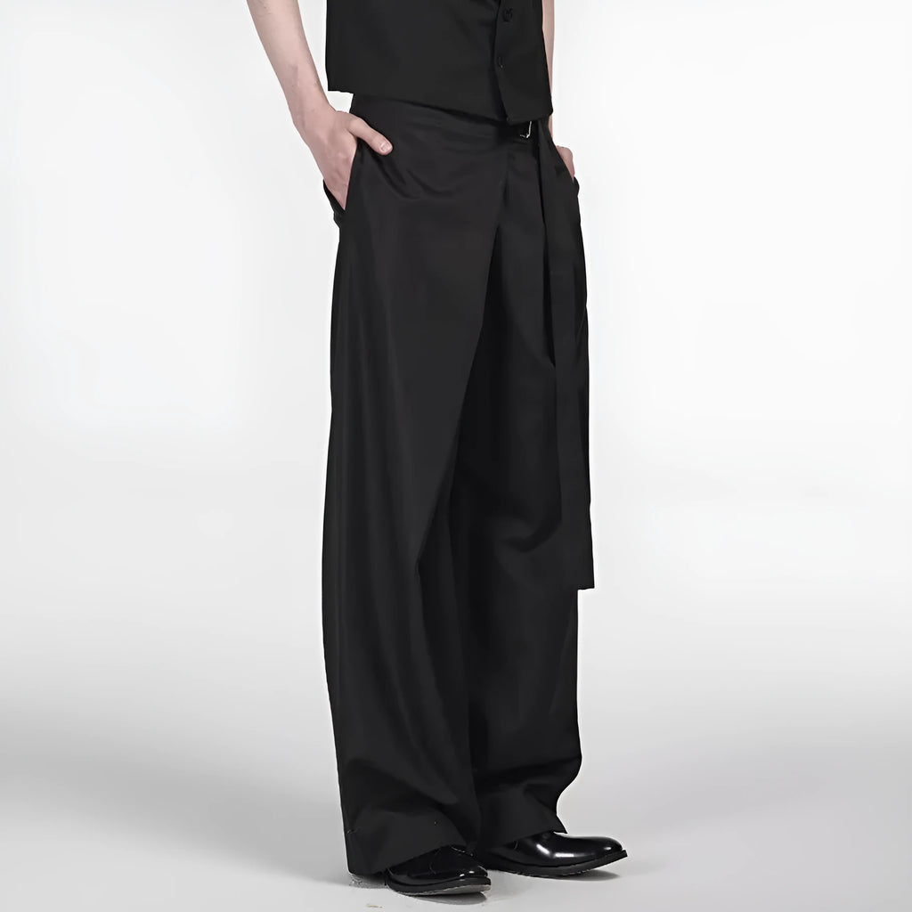 Black straight-leg trousers with adjustable waistband and single pleat front detail