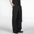 Black straight-leg trousers with adjustable waistband and single pleat front detail