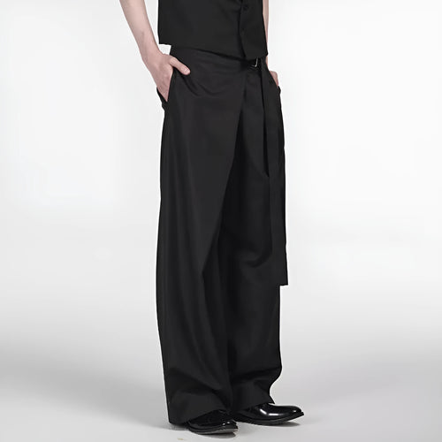 Black straight-leg trousers with adjustable waistband and single pleat front detail