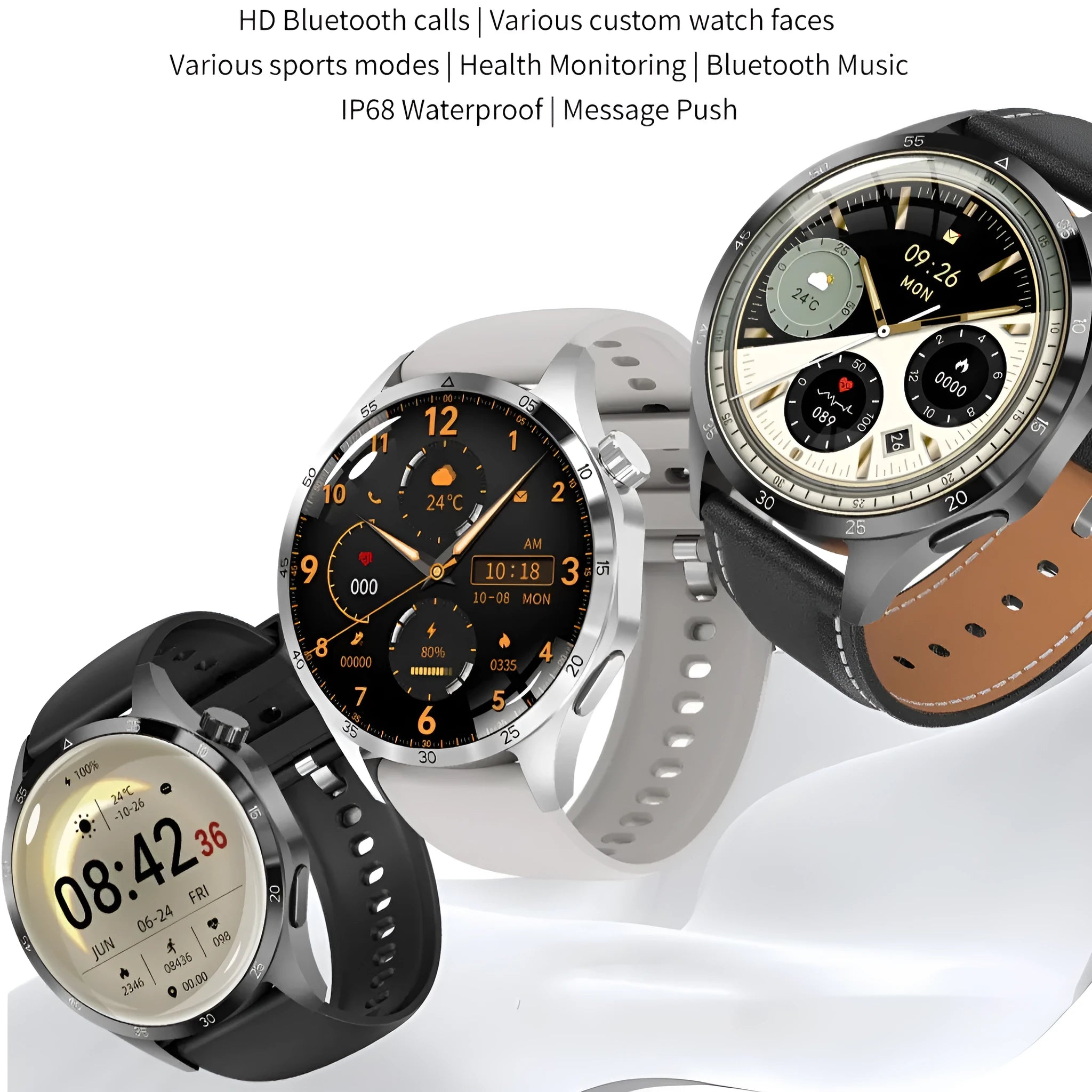 Black smartwatch with Bluetooth calling and health monitoring features on a silicone strap