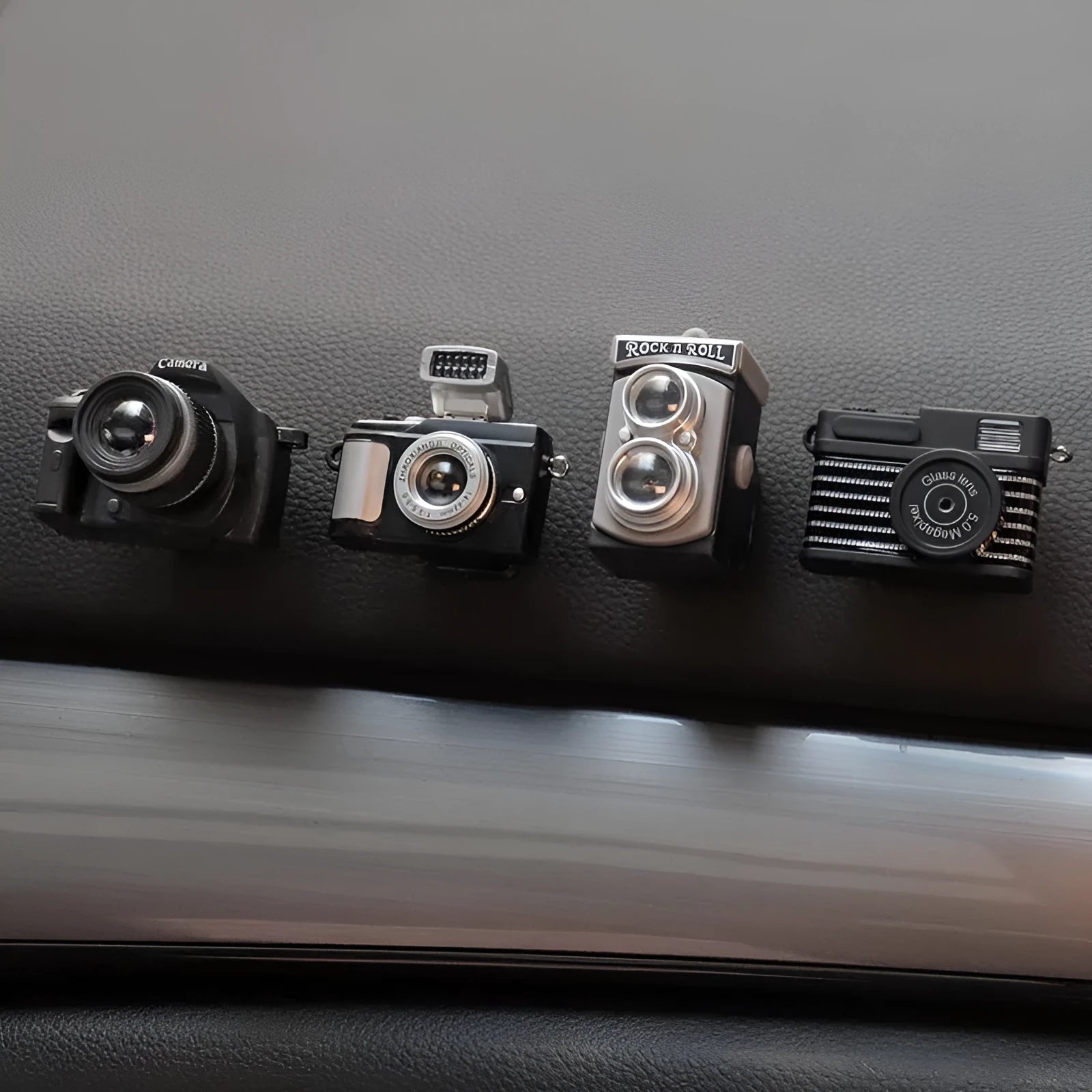 Set of four retro camera dot adhesive hooks for car interior organisation in Canon, SLR, vintage and digital camera designs