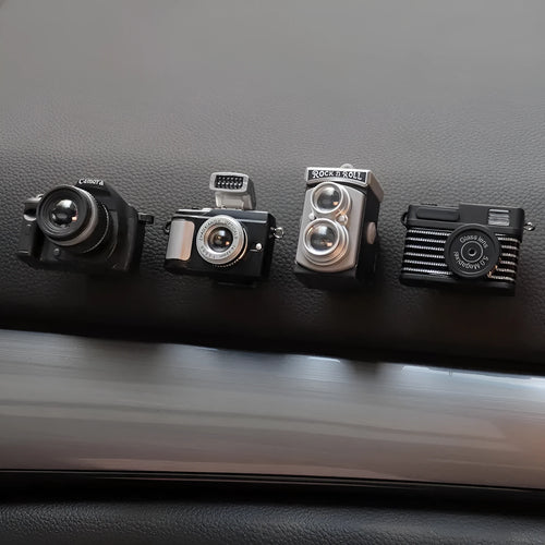 Set of four retro camera dot adhesive hooks for car interior organisation in Canon, SLR, vintage and digital camera designs