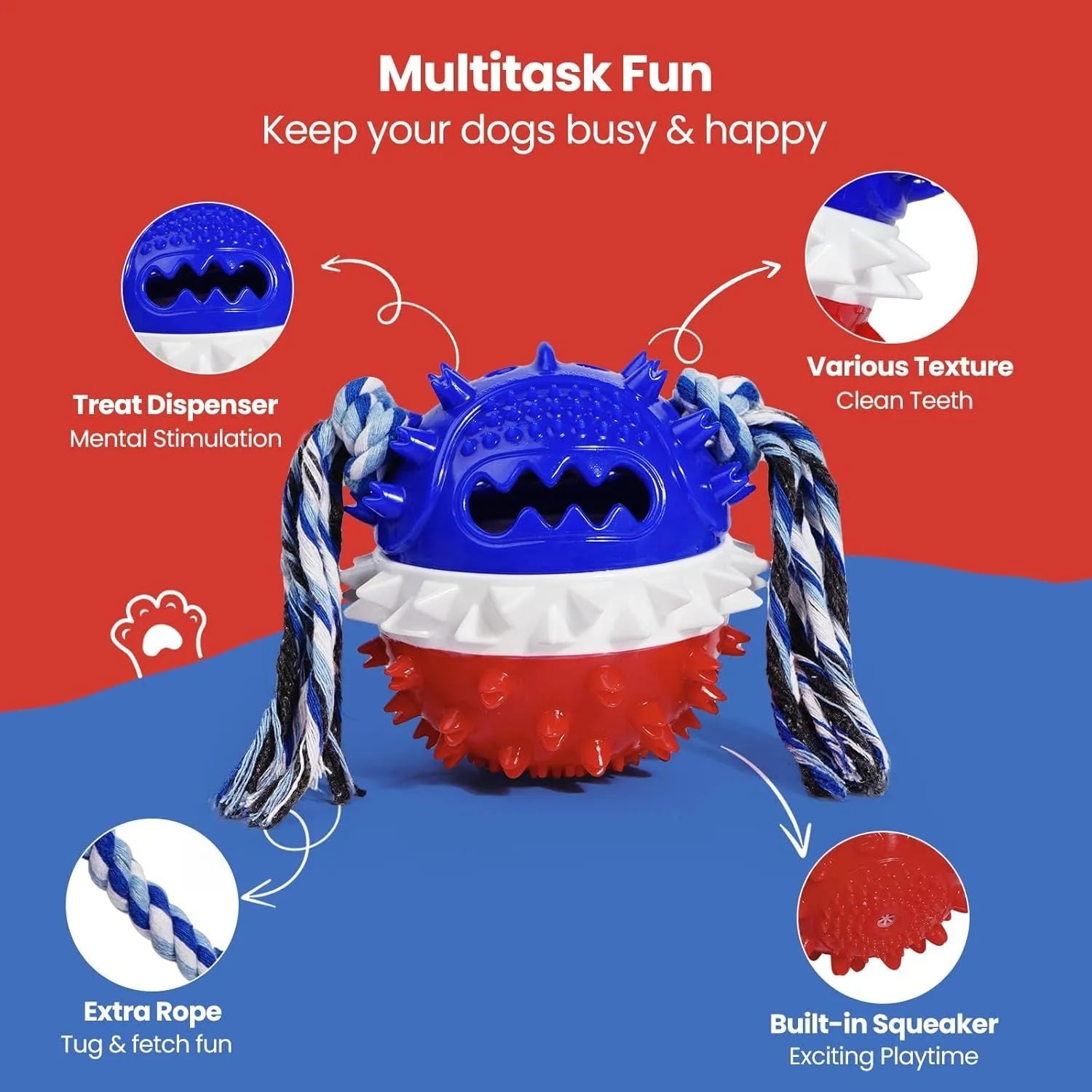 Blue and red TPR rubber dog chew toy with treat dispenser hole and textured surface.