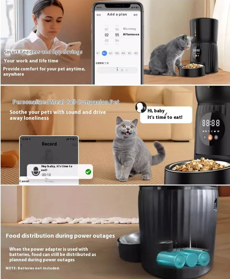 Black and white intelligent pet feeder with automatic timing and remote control functions
