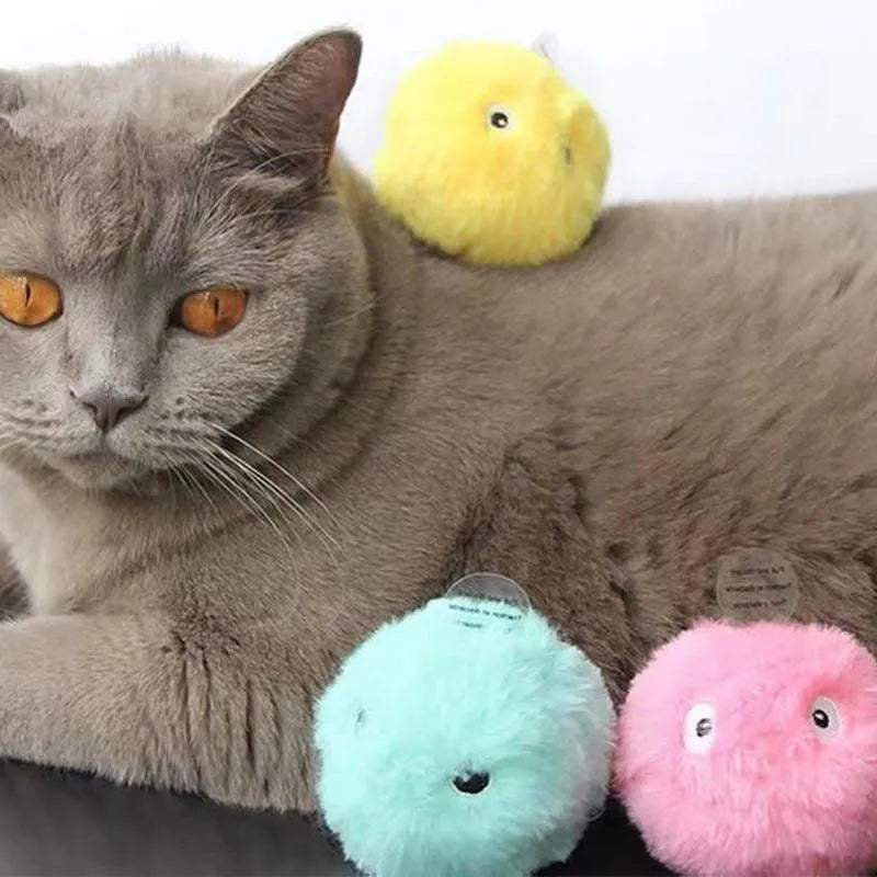 Interactive cat toy ball producing animal sounds when touched, available in blue, pink, and yellow