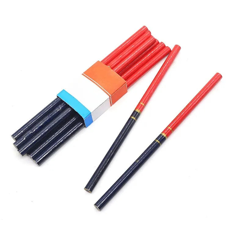 Ten red and blue two-colour round wooden carpenter's pencils for building site marking