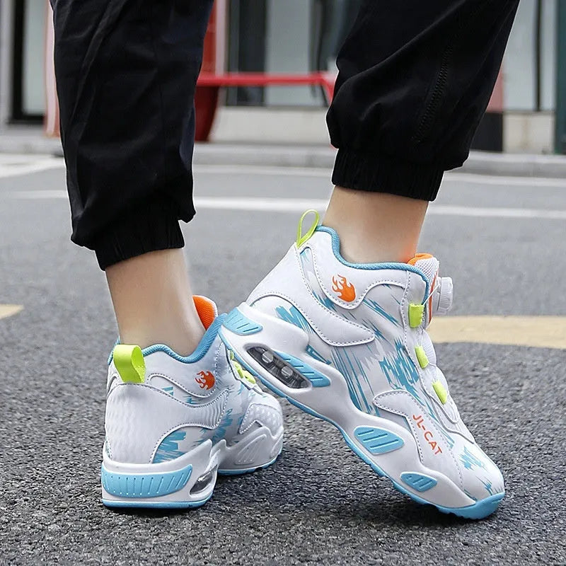 Children's basketball running shoes with rotating button closure in synthetic leather