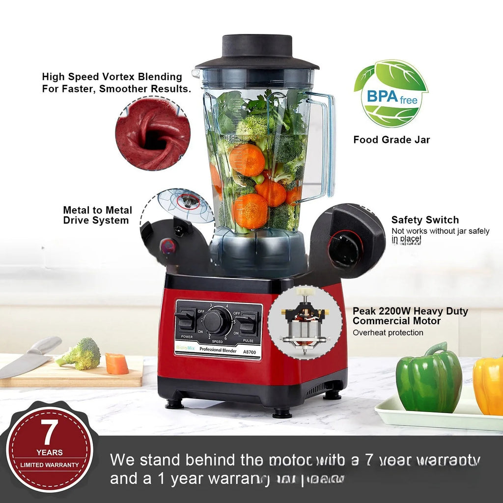 Red commercial blender with 2200W motor and 2-litre capacity for industrial food preparation
