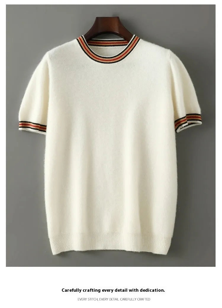 Men's pure wool short sleeve pullover sweater in round neck design shown in white, grey and black colours